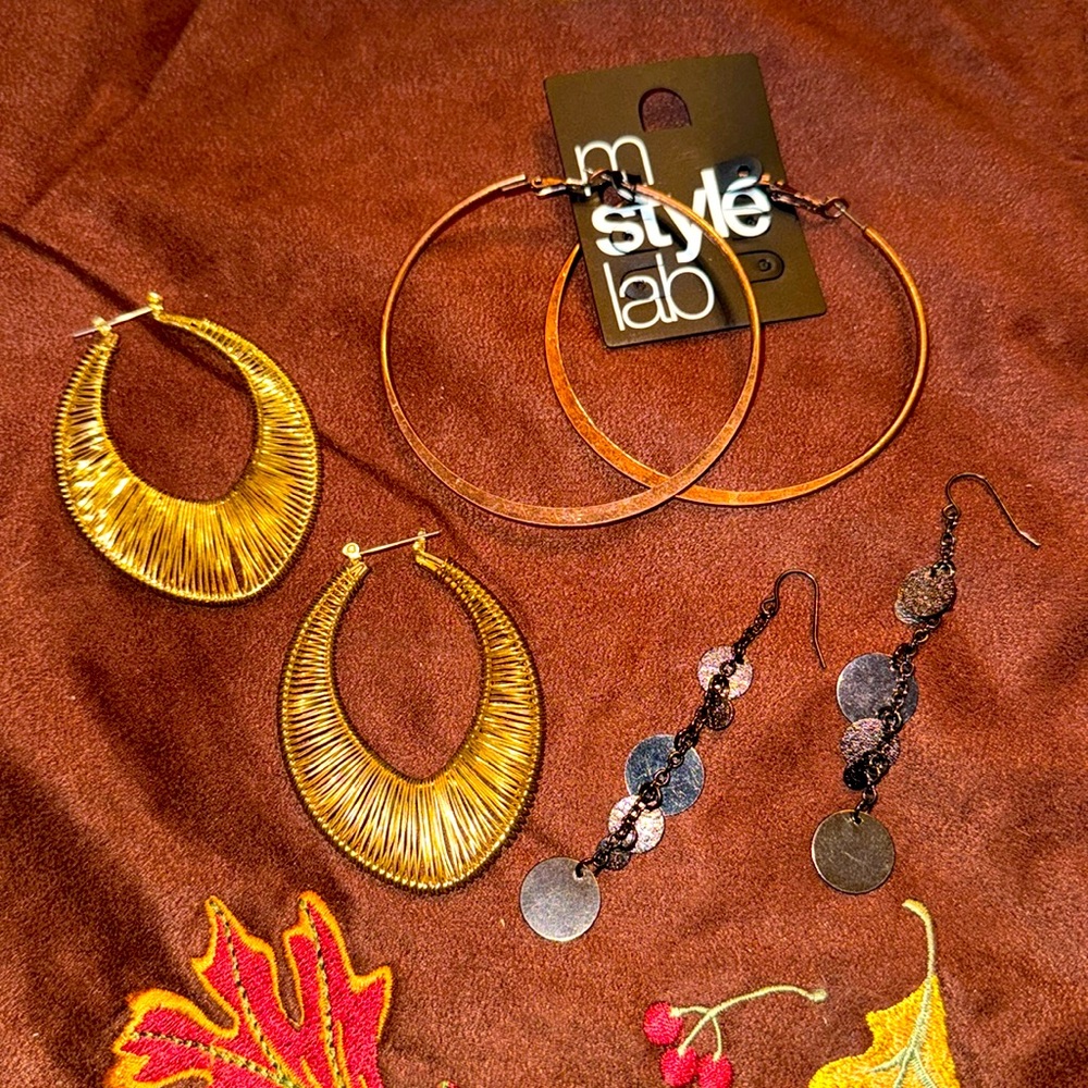 3 pairs “M Style Lab”  Earrings hoops, lever and hooks all metal